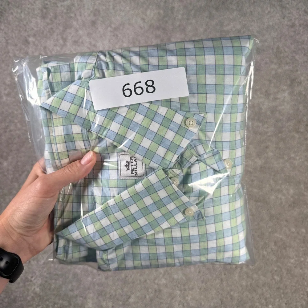 Peter Millar Men's Large Green Blue Gingham Plaid Button Down Shirt Long Sleeve
